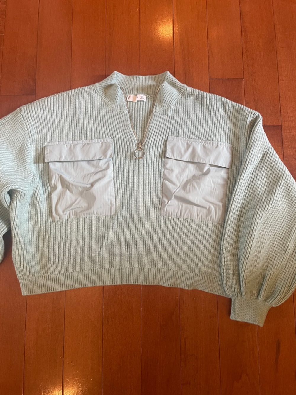 Mango Sage Green Half-Zip Knit Sweater with Utility Pockets